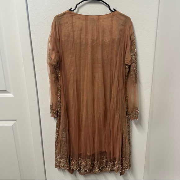 Peach Tan Embroidered 3-Piece Salwar Kameez with Net Dupatta - Picture 10 of 13